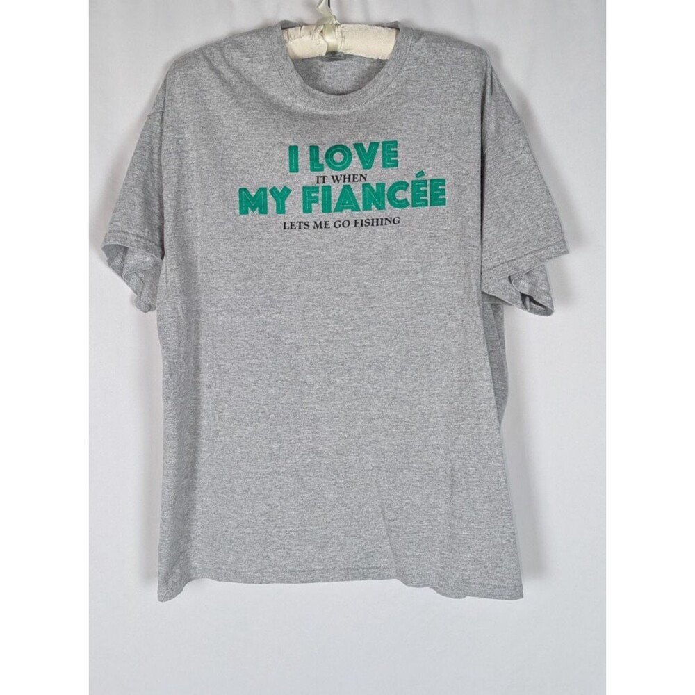 I Love My Fiancee Fishing Graphic T Shirt Mens XL Gray Novelty Tee Gag Gift